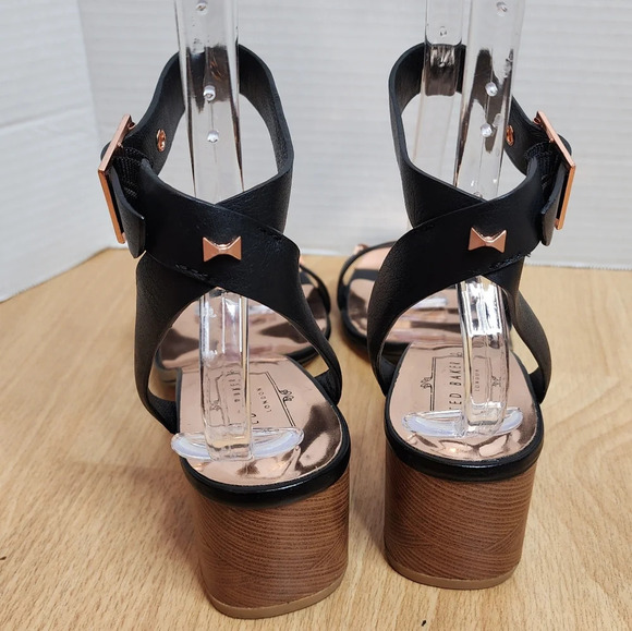 Ted Baker Rose Gold Bow Stud Black Block Heel Biah Sandals women's size EU 40.5 - Picture 15 of 17